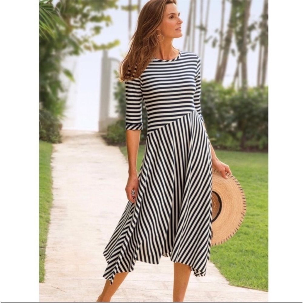Soft Surroundings Vivianna Asymmetric Stripe Ribbed Flowy Midi Dress Size XS